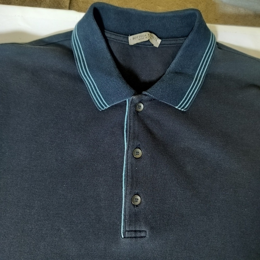 Bottega Veneta Mens Navy Blue Pique Cotton Polo Shirt Striped Trim Size 48 IT - Picture 3 of 10